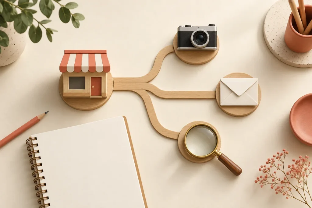 Illustration : une boutique miniature reliée à un appareil photo, une enveloppe et une loupe.