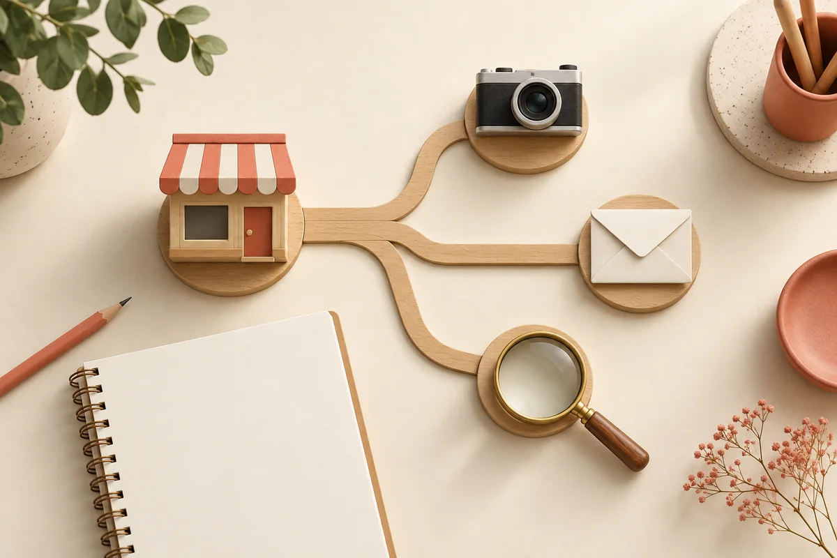 Illustration : une boutique miniature reliée à un appareil photo, une enveloppe et une loupe.