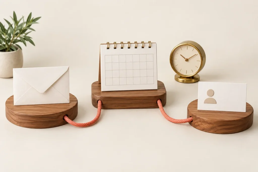 Illustration : une enveloppe, un calendrier et une fiche contact reliés pour représenter un workflow marketing.