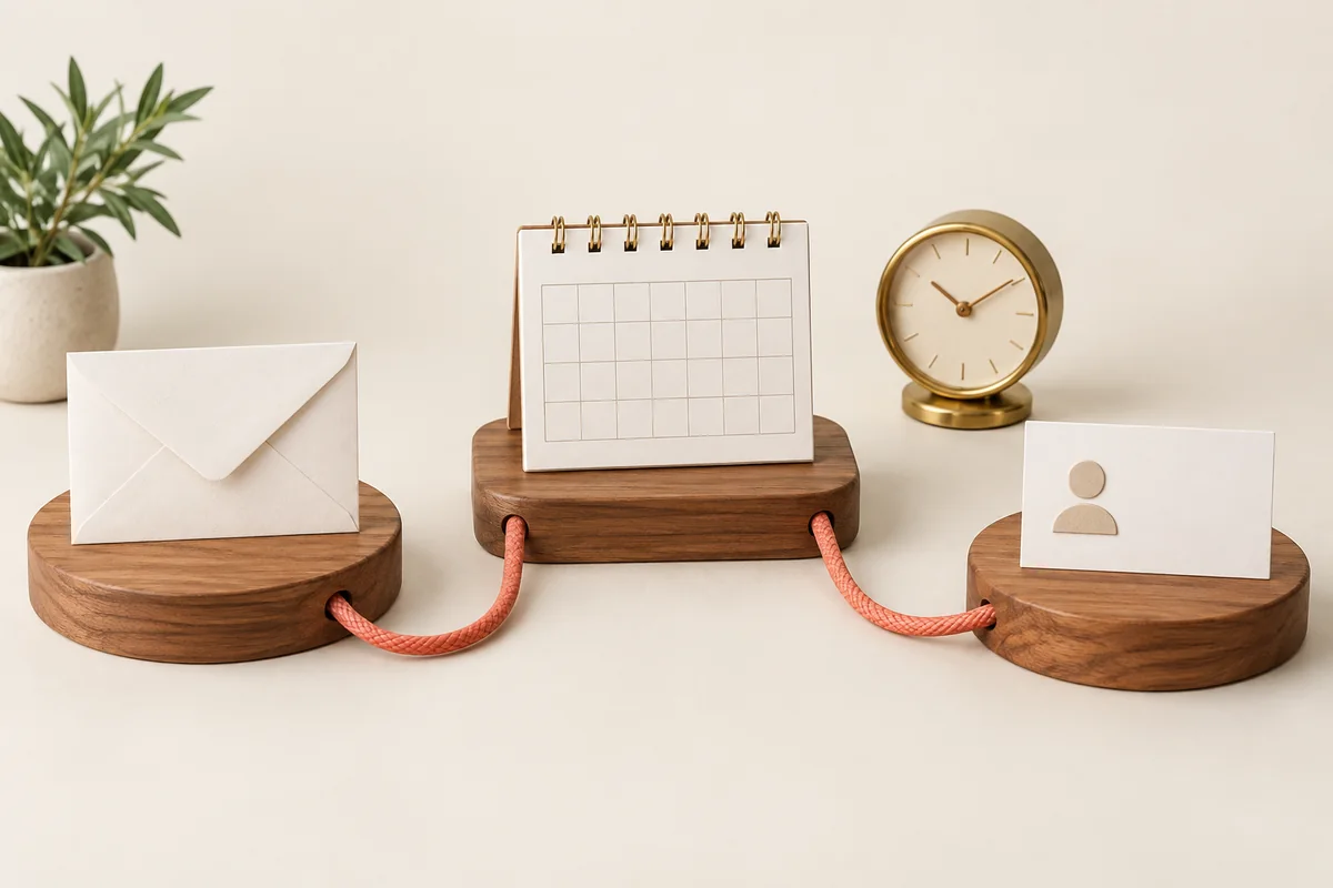 Illustration : une enveloppe, un calendrier et une fiche contact reliés pour représenter un workflow marketing.