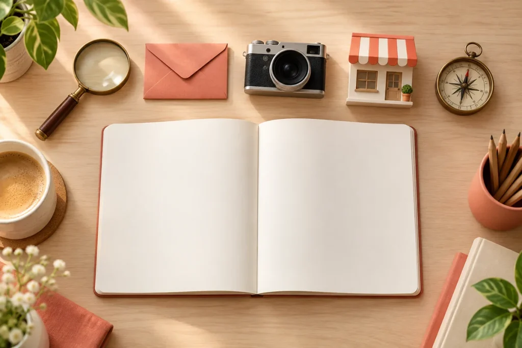 Illustration : carnet, loupe, enveloppe et appareil photo pour préparer une stratégie marketing.