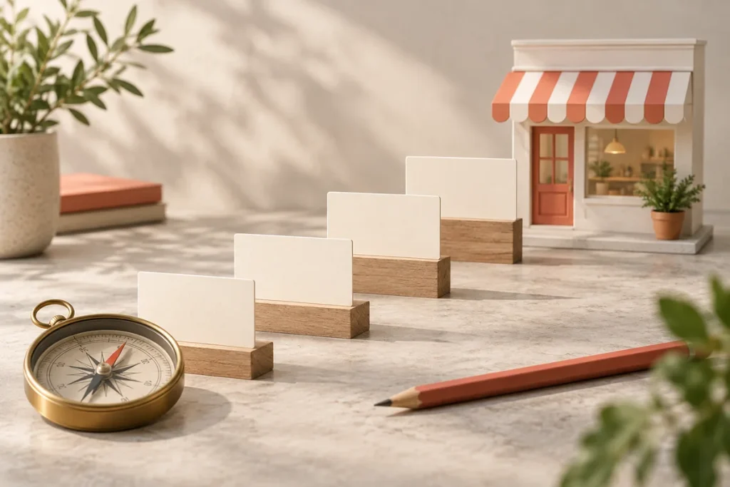 Illustration : des étapes de planification mènent vers une boutique miniature, avec une boussole.